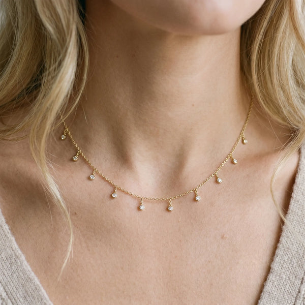 Yellow gold Round Bezel Set Diamond Station Necklace with Cable Chain