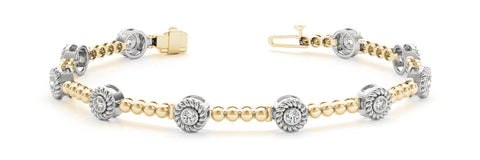 Yellow gold Round Bezel Set Diamond Tennis Bracelet with Beaded Band