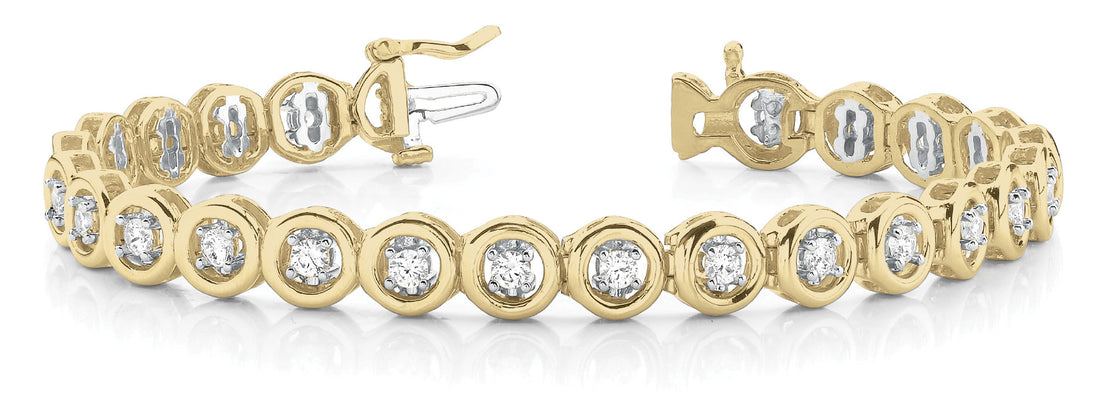 Yellow gold Round Bezel Set Diamond Tennis Bracelet with Prong Setting