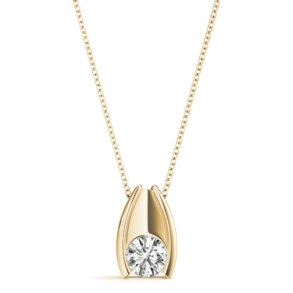 Yellow gold Round Bezel Solitaire Pendant with V-Prong Setting