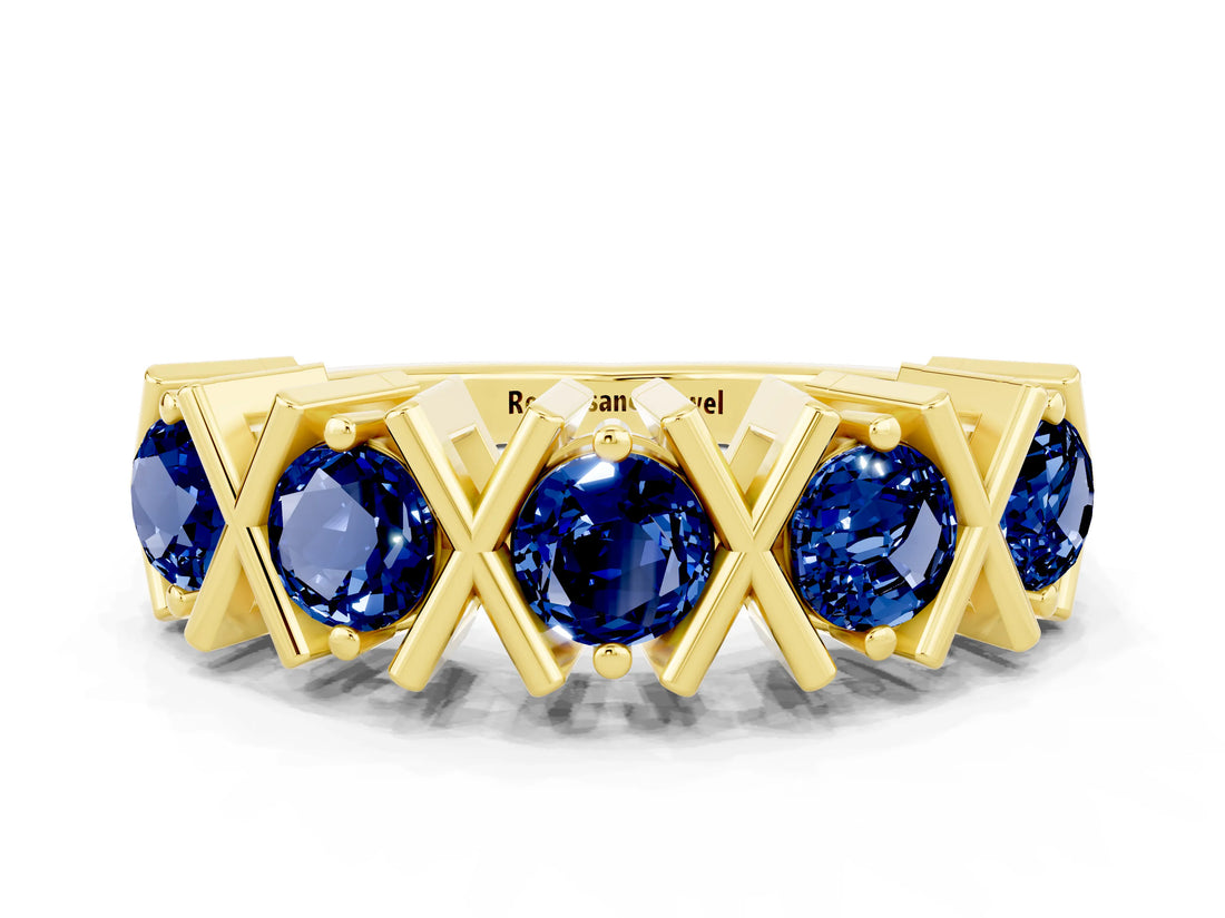 Yellow gold Round Blue Sapphire Channel Set Band with X-Prong Detail_6