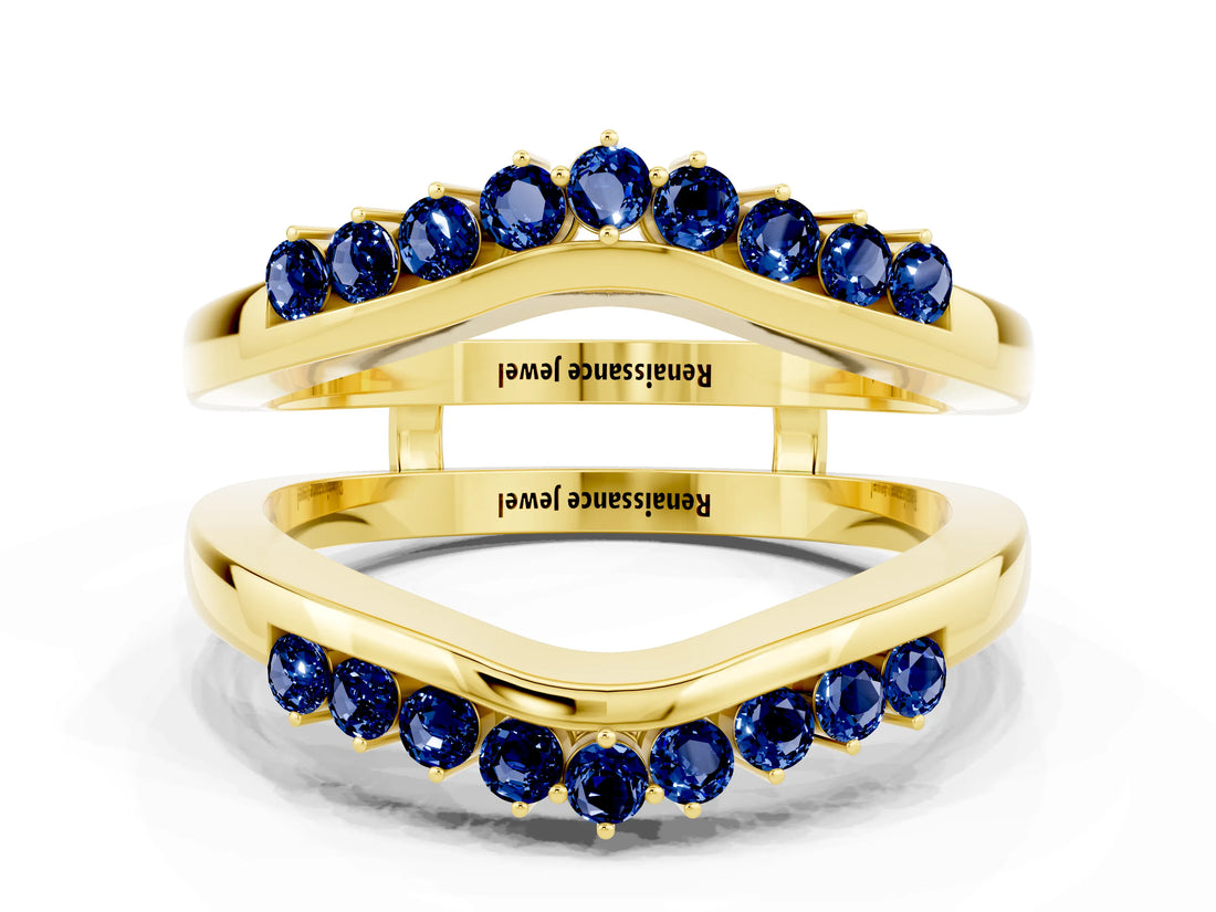 Yellow gold Round Blue Sapphire Chevron Contour Band with Prong Setting_6