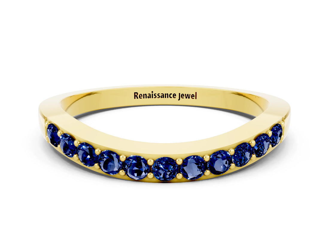 Yellow gold Round Blue Sapphire Curved Wedding Band with Channel Setting_6