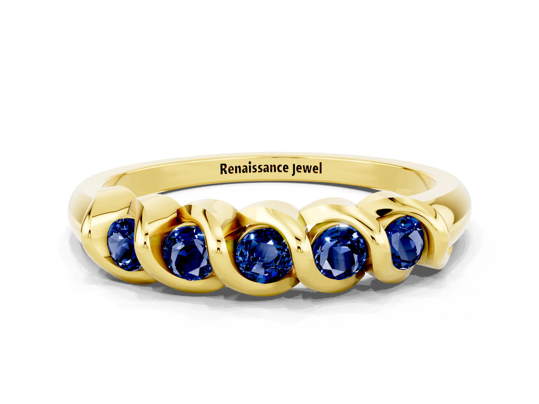 Yellow gold Round Blue Sapphire Eternity Band with Twist Prong Setting_6
