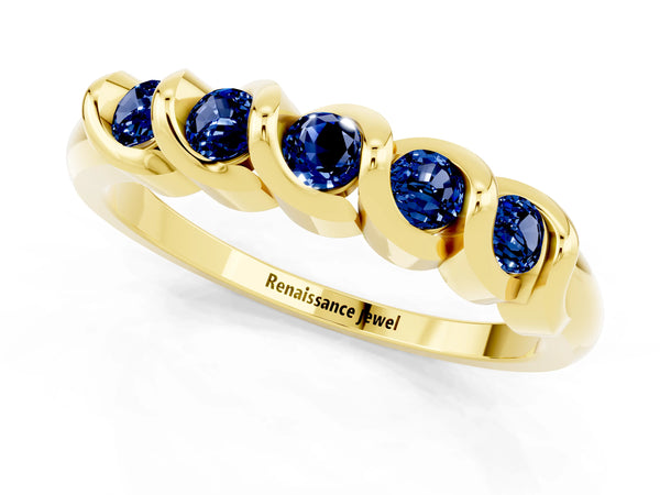 Yellow gold Round Blue Sapphire Eternity Band with Twist Prong Setting