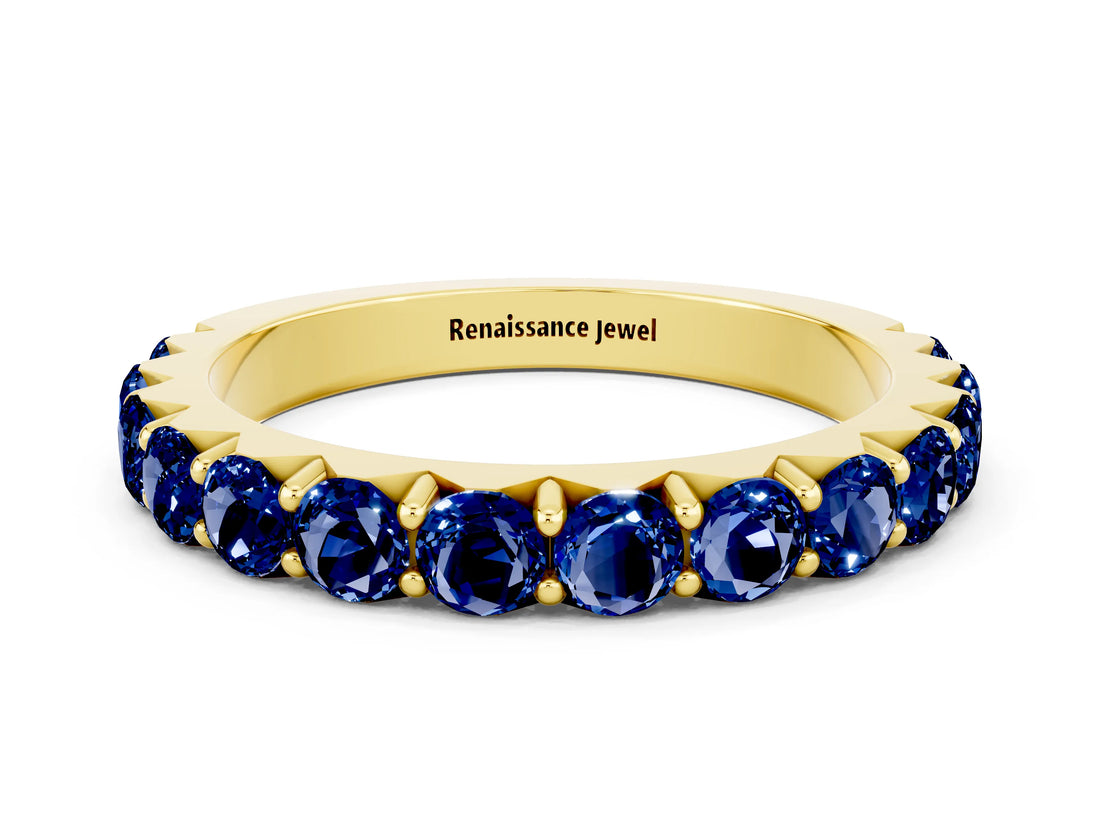 Yellow gold Round Blue Sapphire Half Eternity Band with Classic Prong Setting_6