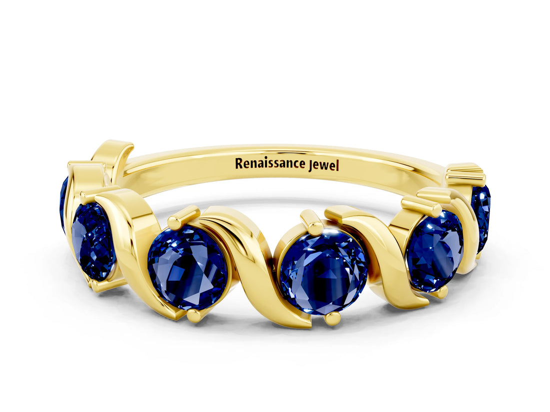 Yellow gold Round Blue Sapphire Half Eternity Band with Wave Prong Setting_6