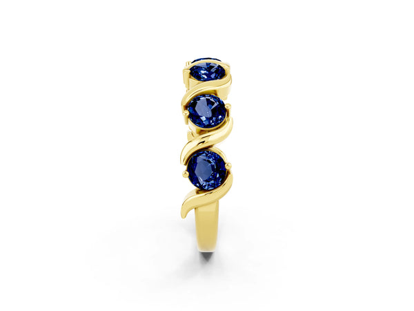 Yellow Gold Round Lab-Grown Blue Sapphire Wave Half Eternity Wedding Band with Prong Set Stones