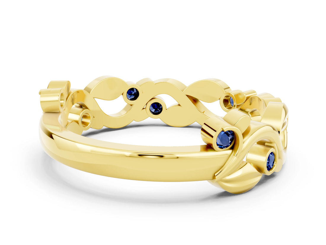 Yellow gold Round Blue Sapphire Leaf Eternity Band with Bezel Setting_42