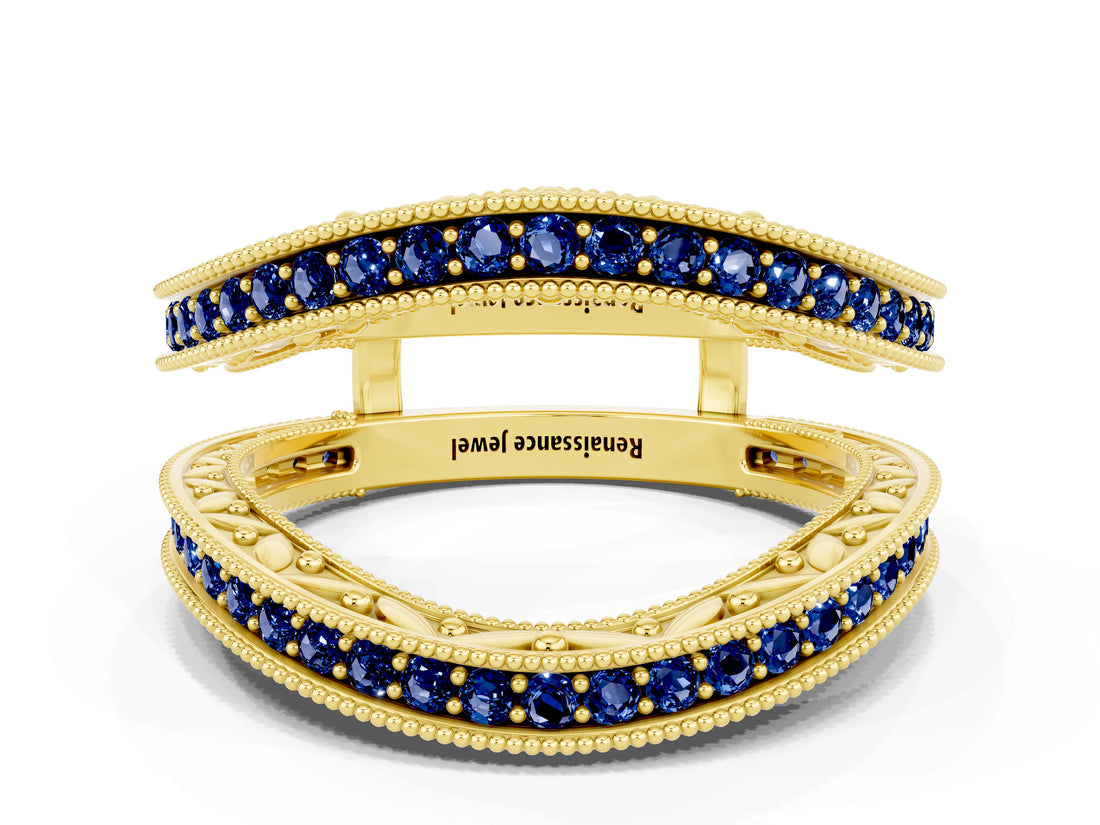 Yellow gold Round Blue Sapphire Milgrain Eternity Band with Channel Setting_18