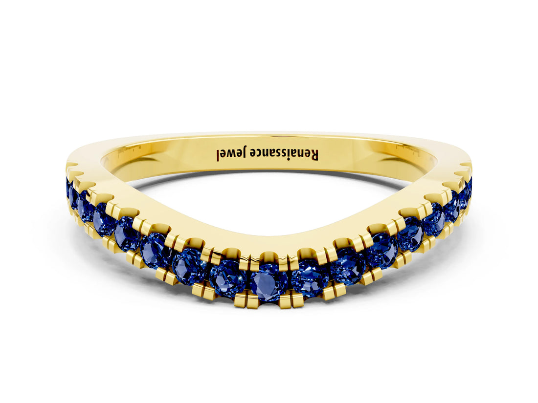 Yellow gold Round Blue Sapphire Pavé Curved Band with Shared Prong Setting_6
