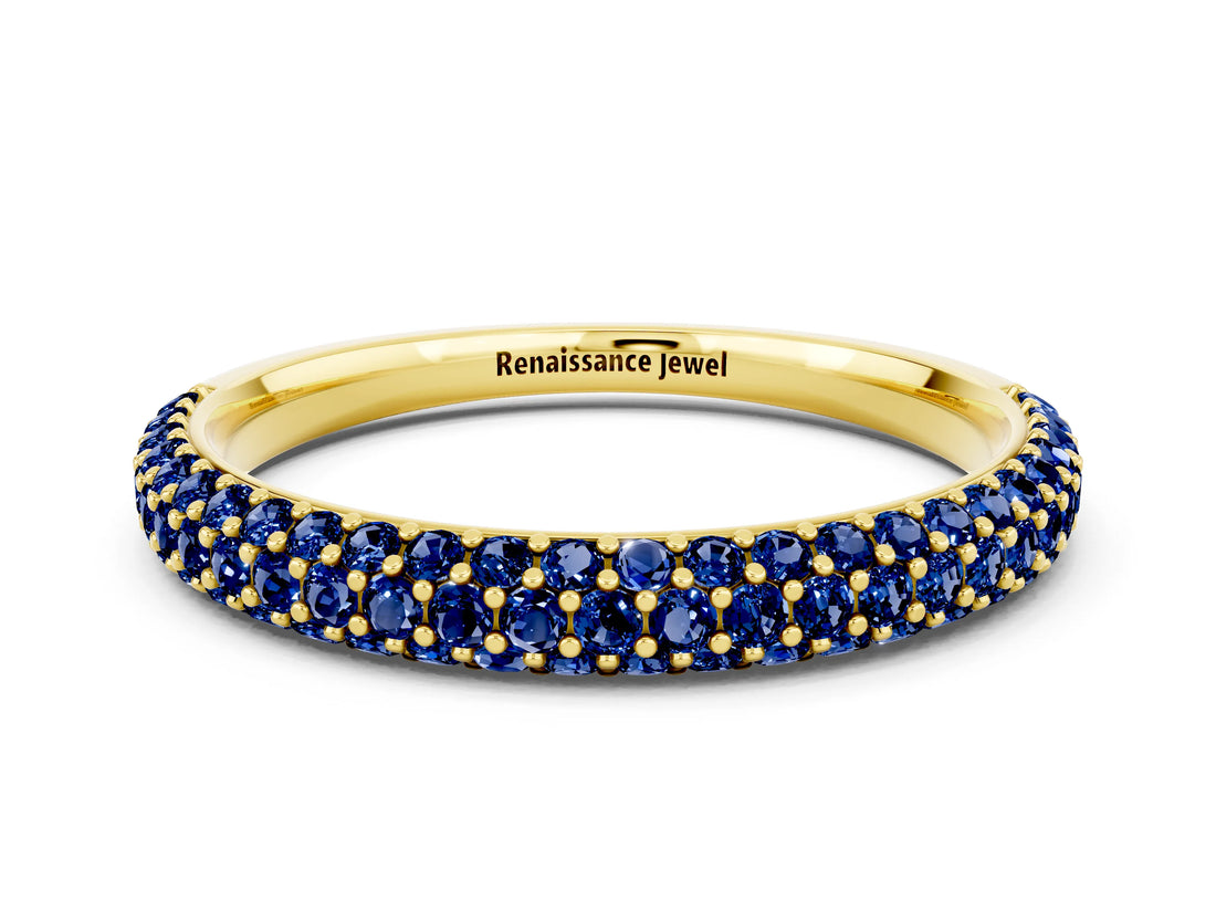Yellow gold Round Blue Sapphire Pavé Eternity Band with Shared Prong Setting_6