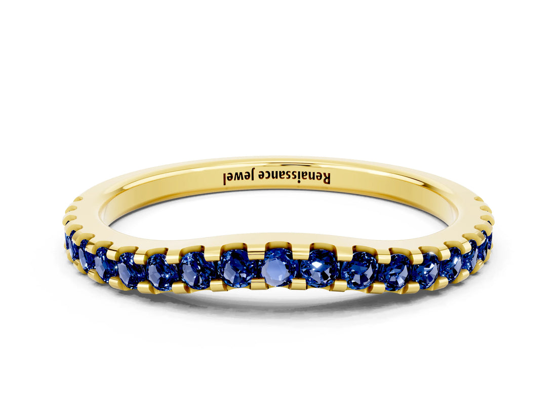 Yellow gold Round Blue Sapphire Pavé Set Curved Wedding Band_6