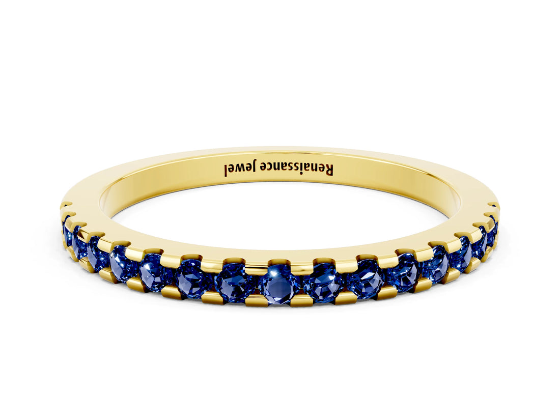 10K Yellow Gold Round Blue Sapphire Pavé Set Eternity Band with Micro Prong Setting
