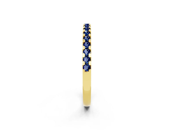 Yellow Gold Round Lab-Grown Blue Sapphire Micro Prong Pave Half Eternity Wedding Band