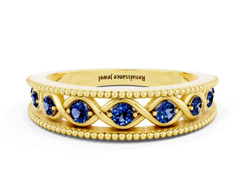Yellow gold Round Blue Sapphire Twist Milgrain Band with Bezel Setting_12