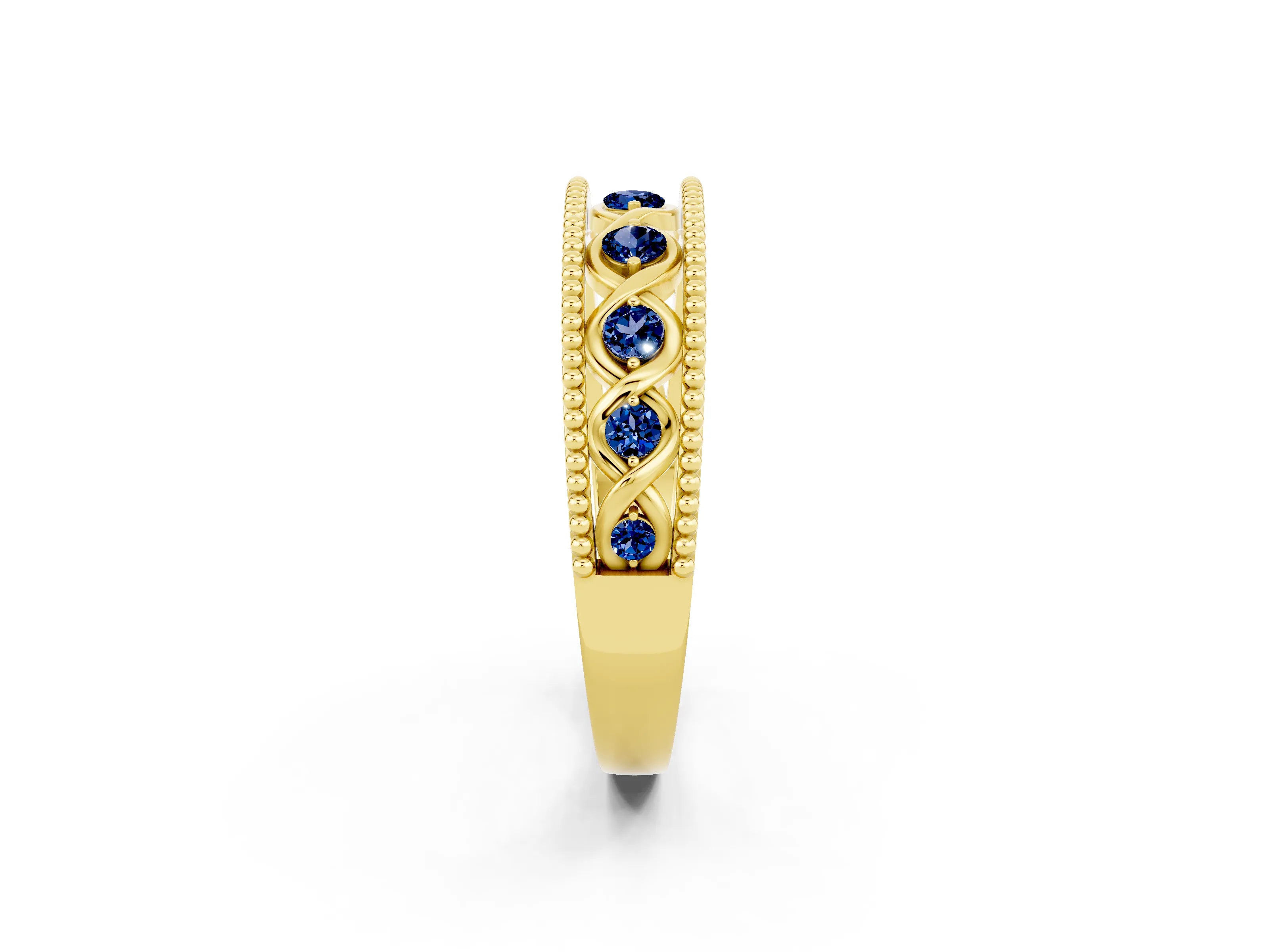Yellow gold Round Blue Sapphire Twist Milgrain Band with Bezel Setting_14