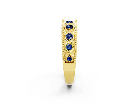 Yellow gold Round Blue Sapphire Twist Milgrain Band with Bezel Setting_14