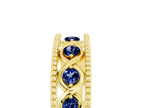Yellow gold Round Blue Sapphire Twist Milgrain Band with Bezel Setting_17