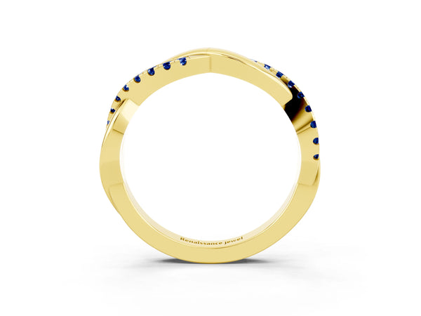 Yellow Gold Round Lab-Grown Blue Sapphire Half Eternity Infinity Twist Wedding Band