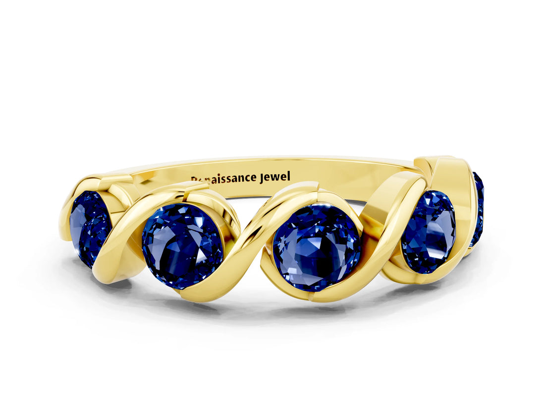 Yellow gold Round Blue Sapphire Wave Band with Channel Setting and Shared Prongs_6