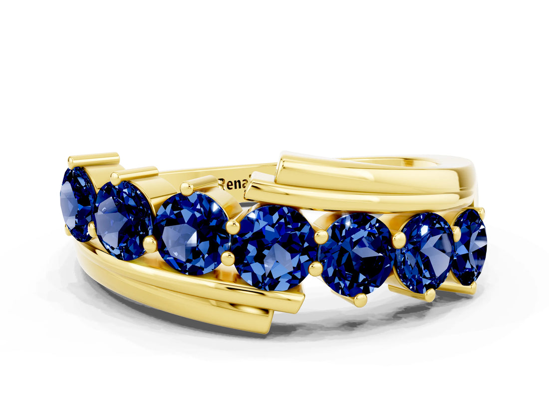 Yellow gold Round Blue Sapphire Wave Band with Channel and Shared Prong Setting_18
