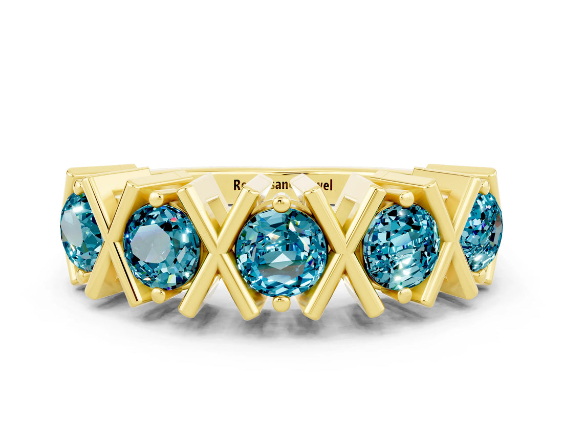 Yellow gold Round Blue Topaz Channel Set Band with X-Prong Detail_6