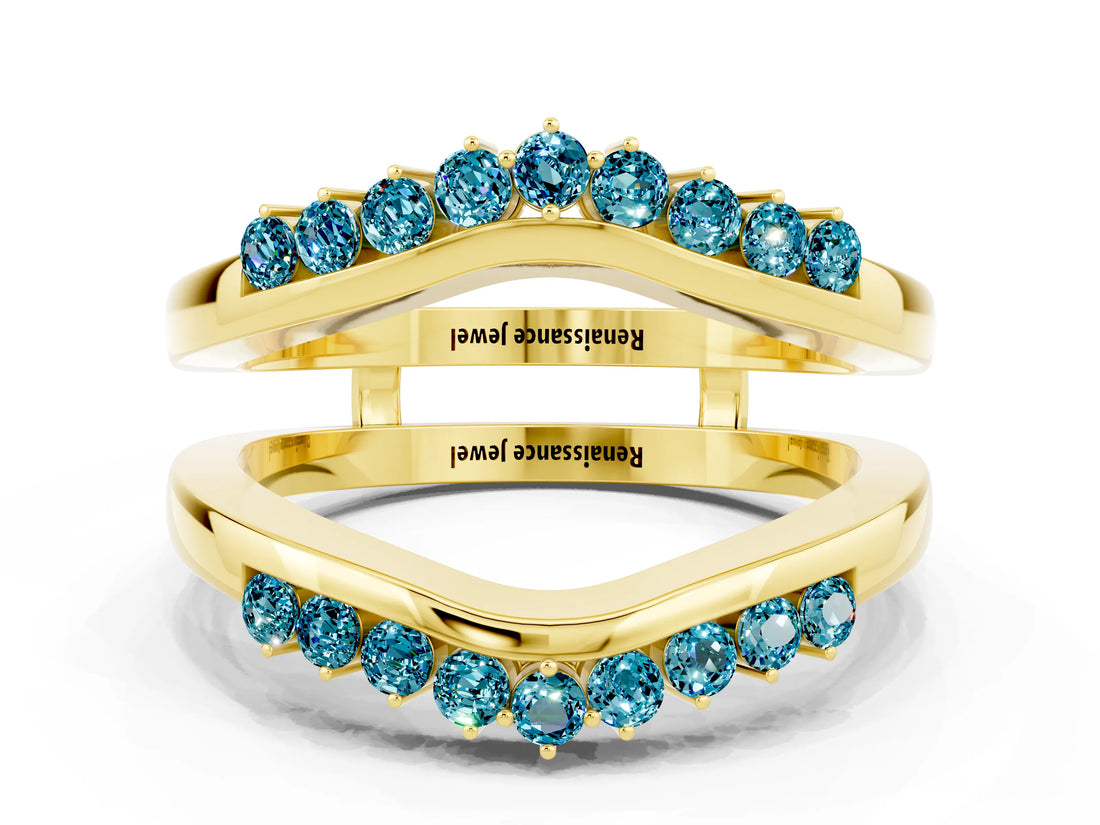 Yellow gold Round Blue Topaz Chevron Contour Band with Prong Setting_6
