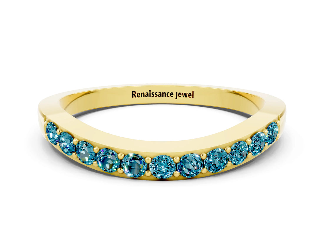 Yellow gold Round Blue Topaz Curved Wedding Band with Channel Setting_6