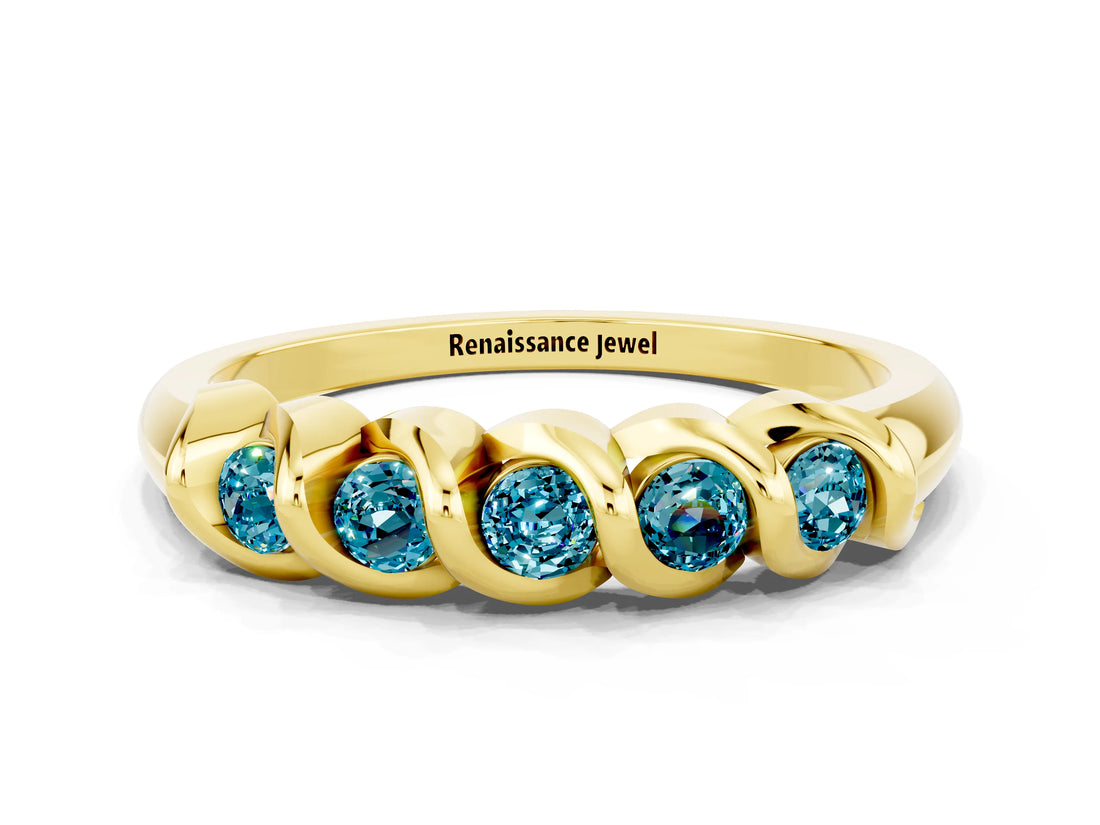 Yellow gold Round Blue Topaz Eternity Band with Twist Prong Setting_6