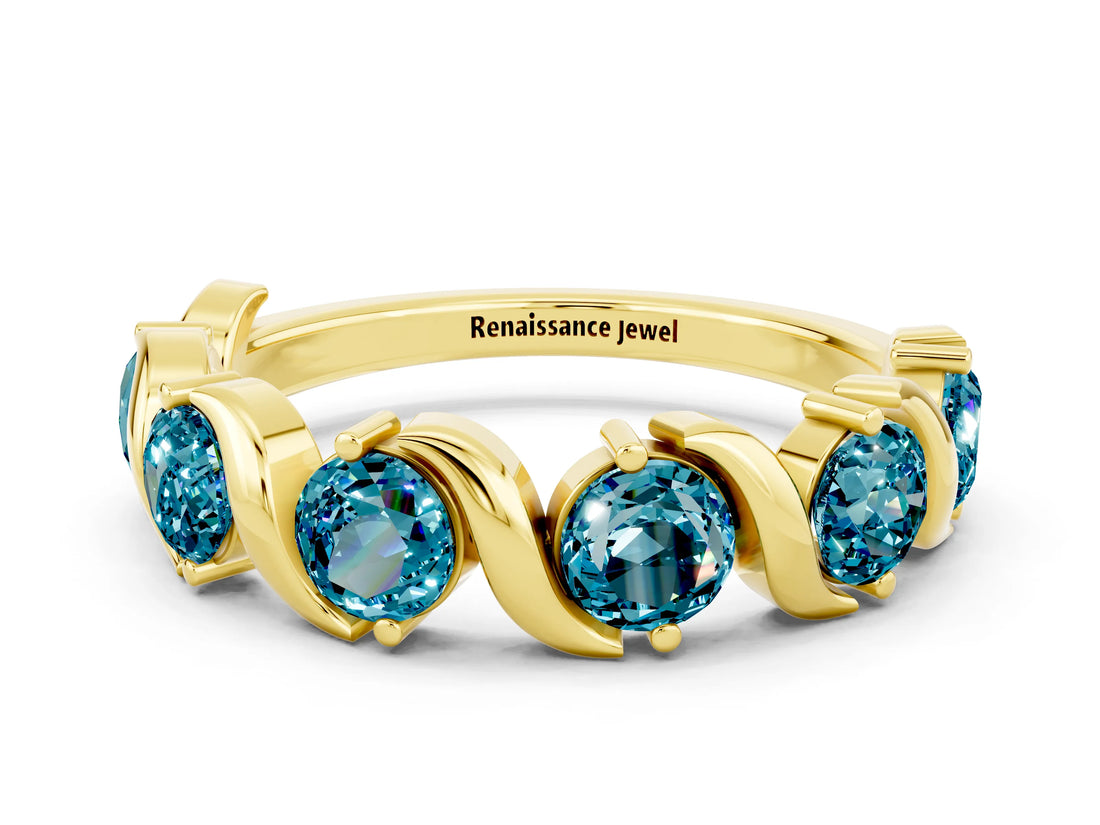 Yellow gold Round Blue Topaz Half Eternity Band with Wave Prong Setting_6