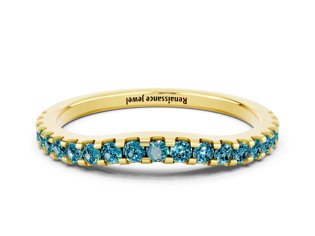 Yellow gold Round Blue Topaz Pavé Set Curved Wedding Band_6