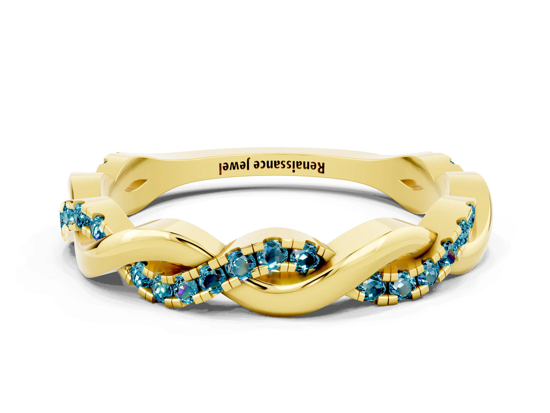 Yellow gold Round Blue Topaz Twist Eternity Band with Pavé Setting_6