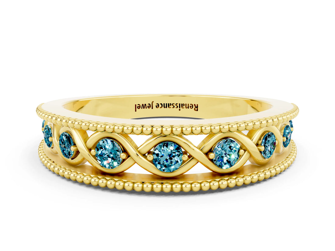 Yellow gold Round Blue Topaz Twist Milgrain Band with Bezel Setting_12