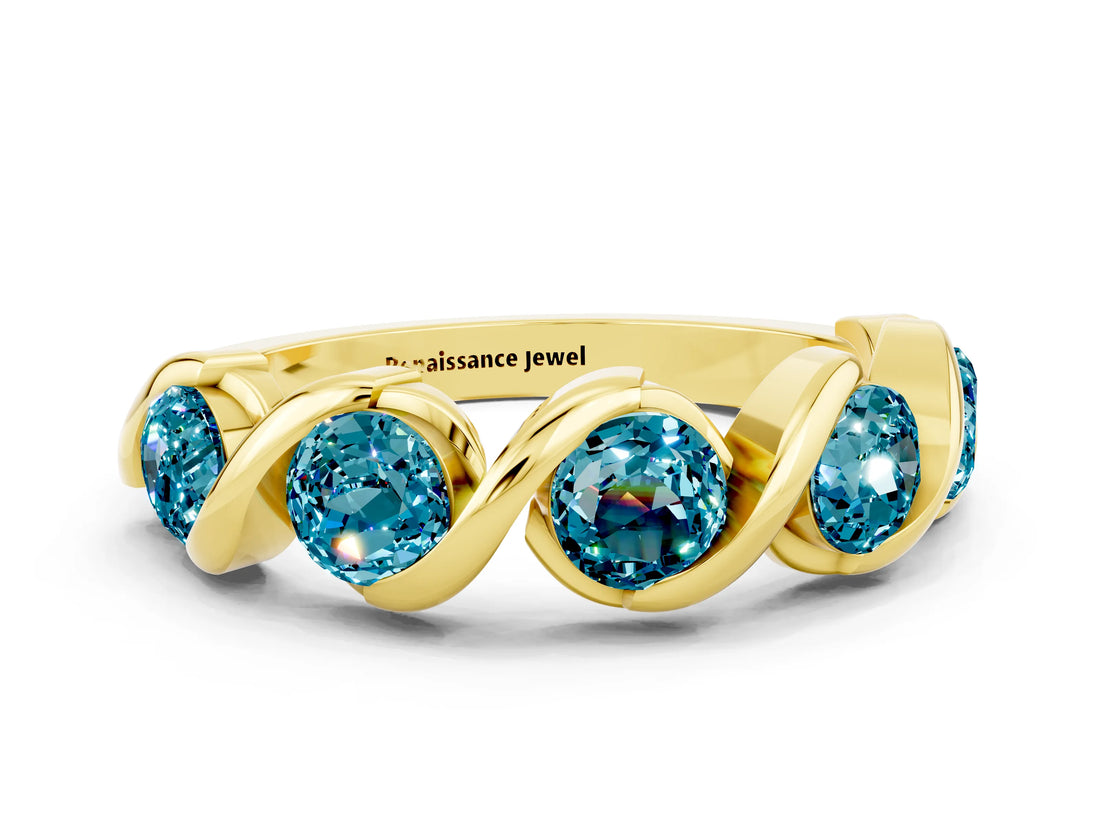 Yellow gold Round Blue Topaz Wave Band with Channel Setting and Shared Prongs_6
