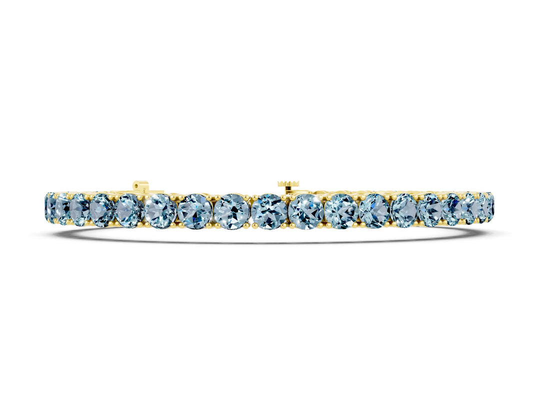 Yellow gold Round Brilliant Aquamarine Tennis Bracelet with Prong Setting_4