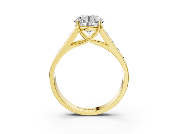Yellow gold Round Brilliant Channel-Set Solitaire Ring with Four-Prong Setting