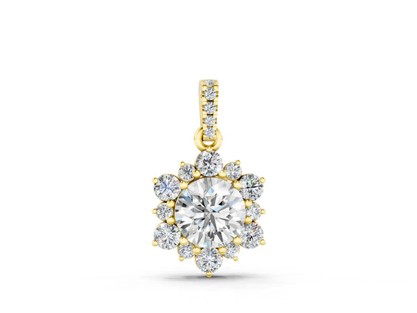 Yellow gold Round Brilliant Cluster Diamond Pendant with Prong Setting