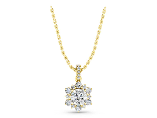 Yellow gold Round Brilliant Cluster Diamond Pendant with Prong Setting
