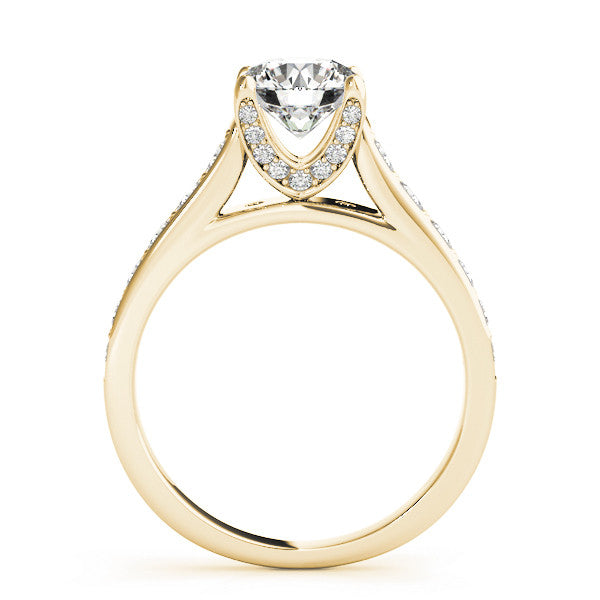 Yellow gold Round Brilliant Cut Diamond Engagement Ring with Pavé Band and Four-Prong Setting 1