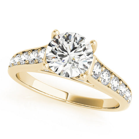 Yellow gold Round Brilliant Cut Diamond Engagement Ring with Pavé Band and Four-Prong Setting 2