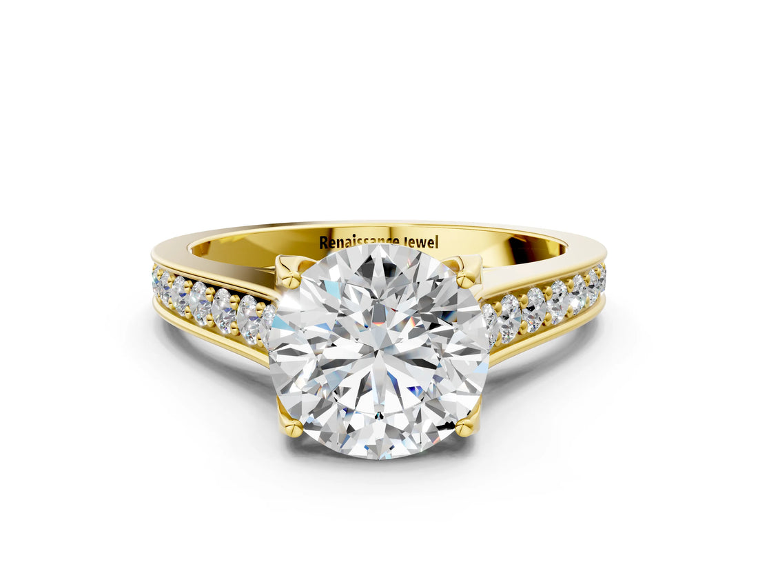 Yellow gold Round Brilliant Cut Diamond Engagement Ring with Pavé Band and Four-Prong Setting_61