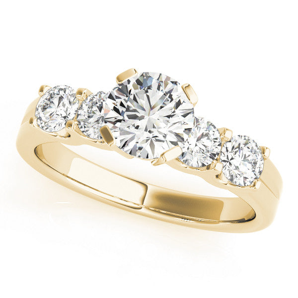 Yellow gold Round Brilliant Cut Diamond Five-Stone Prong Set Engagement Ring with Channel Band