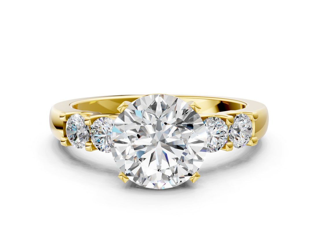 Yellow gold Round Brilliant Cut Diamond Five-Stone Prong Set Engagement Ring with Channel Band_23