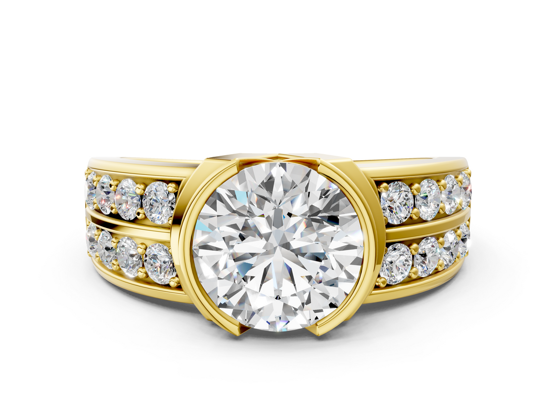 Yellow gold Round Brilliant Diamond Channel Set Wide Band Ring with Bezel Setting_23