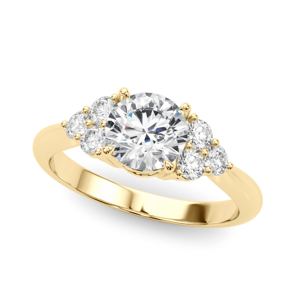 Yellow gold Round Brilliant Diamond Cluster Accent Solitaire Ring with Prong Setting