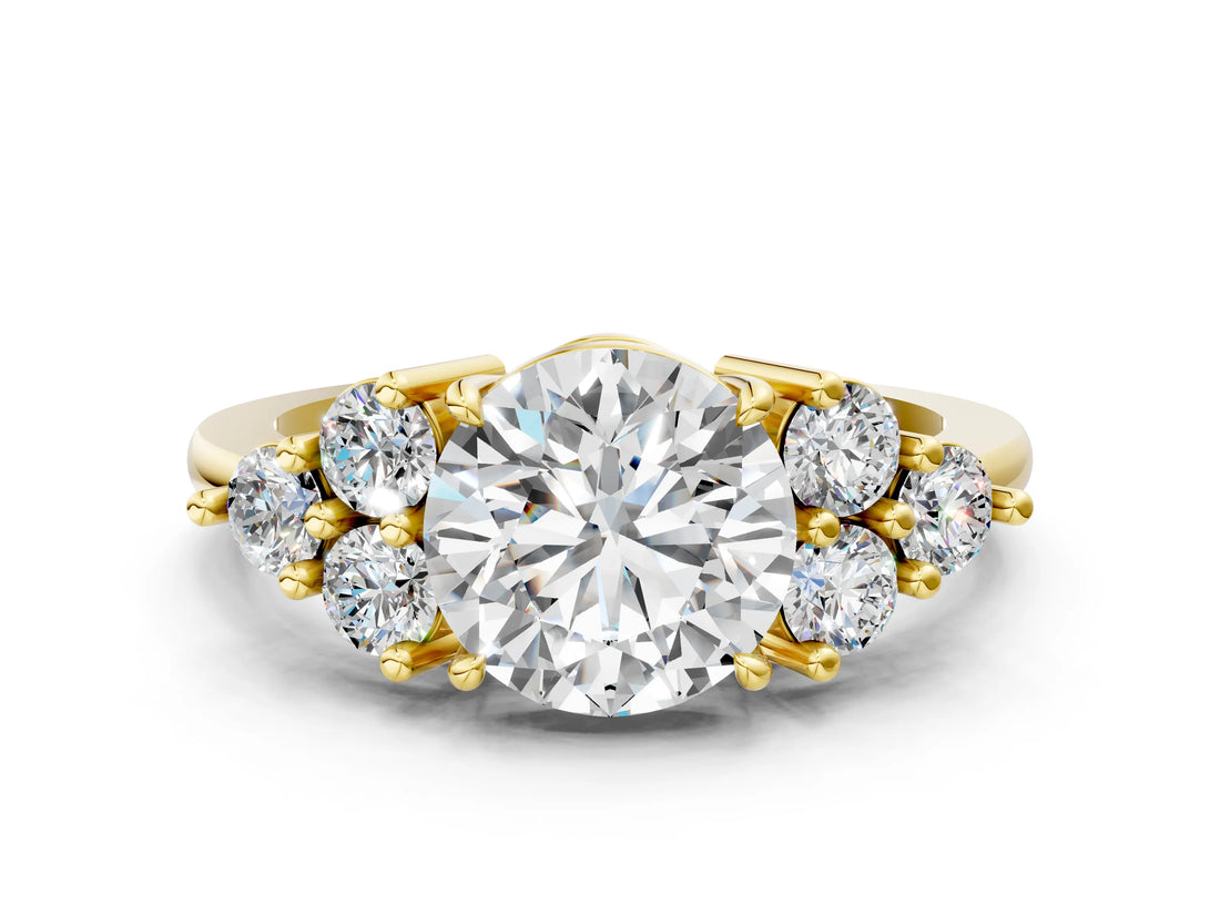 Yellow gold Round Brilliant Diamond Cluster Accent Solitaire Ring with Prong Setting_15