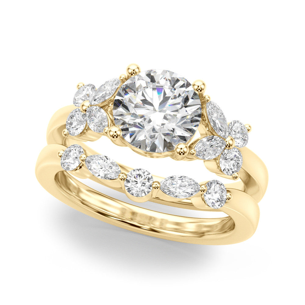 Yellow gold Round Brilliant Diamond Floral Cluster Solitaire with Marquise and Pear Accents on a Platinum Band with Four-Prong Setting 1