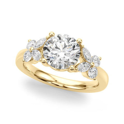 Yellow gold Round Brilliant Diamond Floral Cluster Solitaire with Marquise and Pear Accents on a Platinum Band with Four-Prong Setting