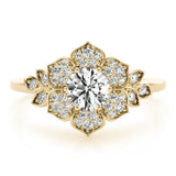Yellow gold Round Brilliant Diamond Floral Halo Ring with Pavé Band and Four-Prong Setting 1